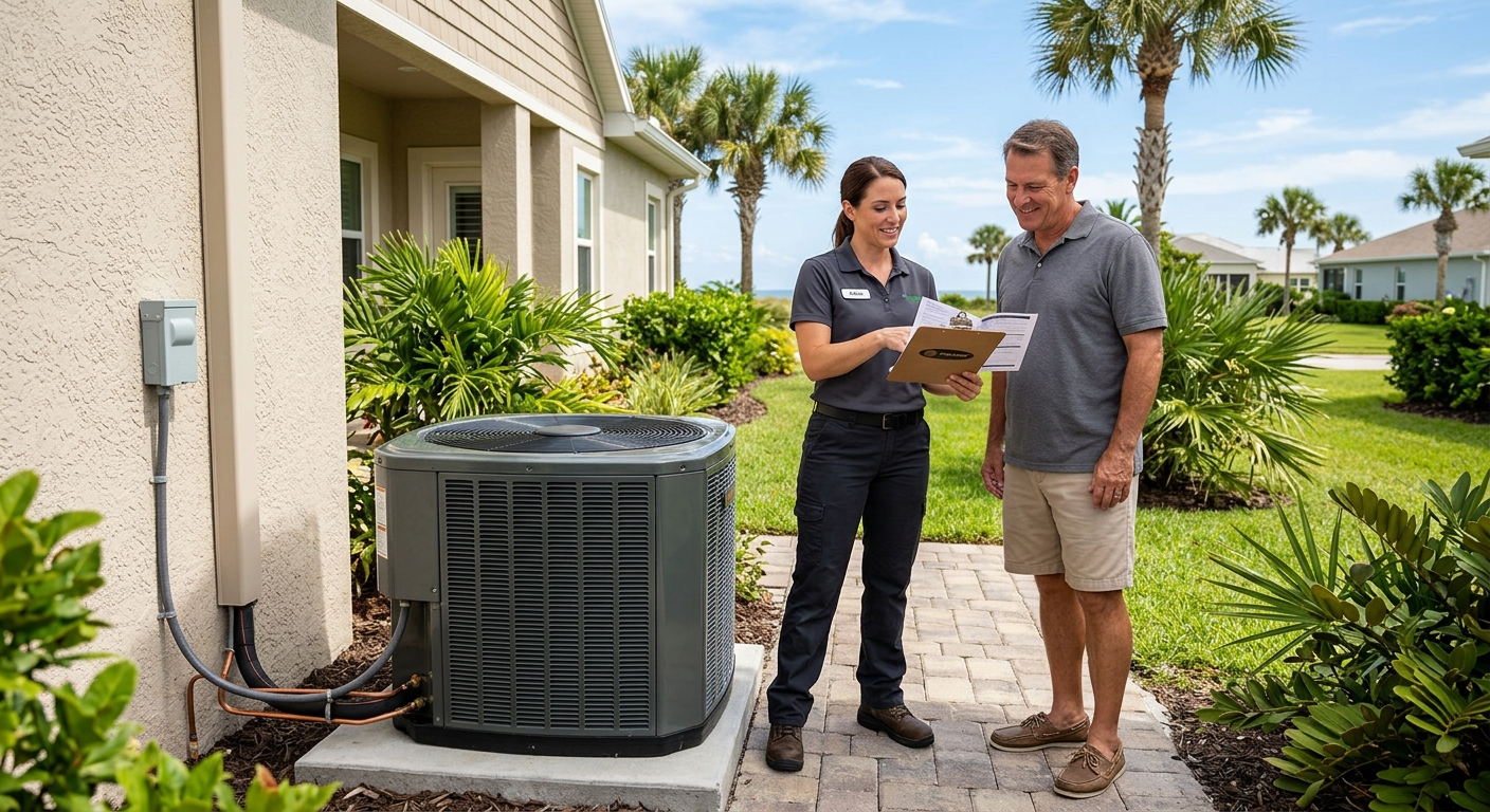 HVAC technician reviewing air conditioner warranty information with a Brevard County homeowner