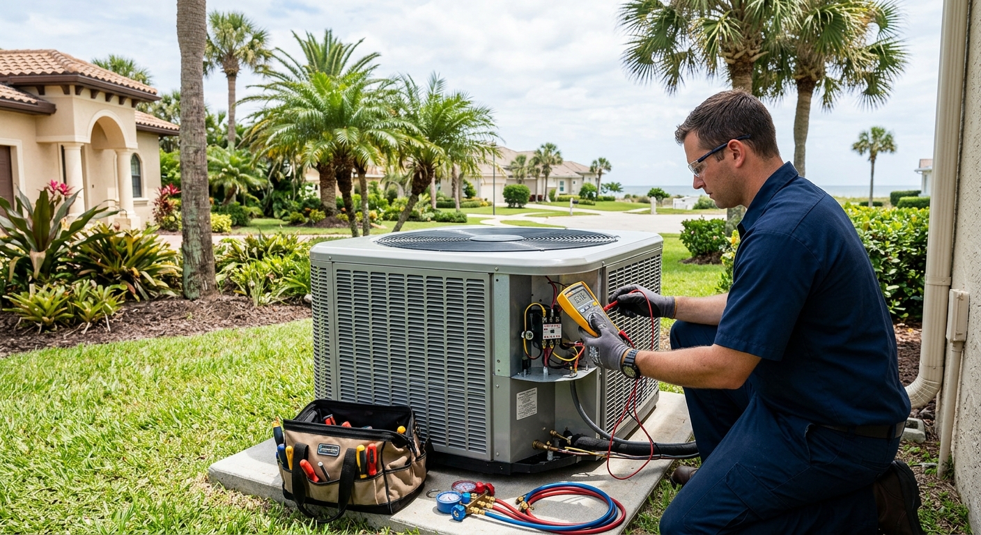 HVAC technician performing an AC tune-up on an outdoor unit at a Brevard County home
