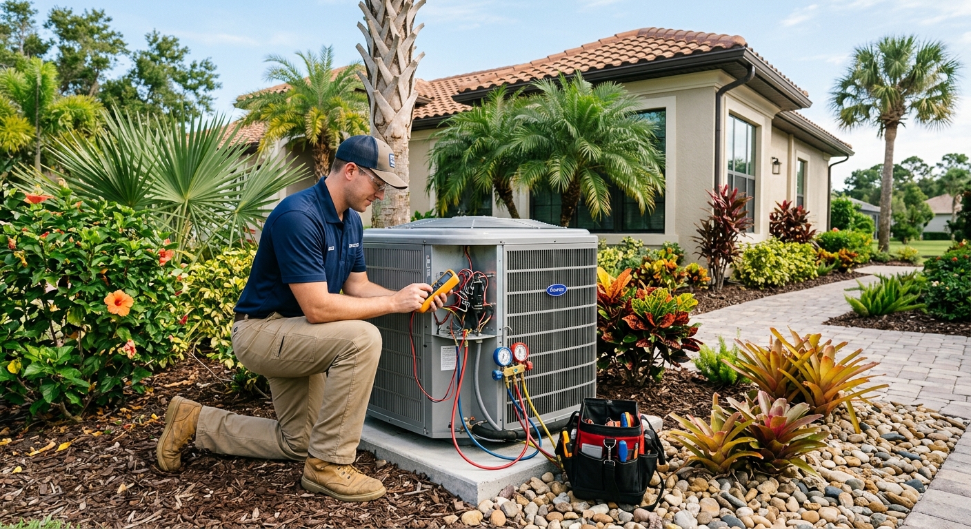 HVAC technician inspecting an outdoor AC unit at a Melbourne, Florida home