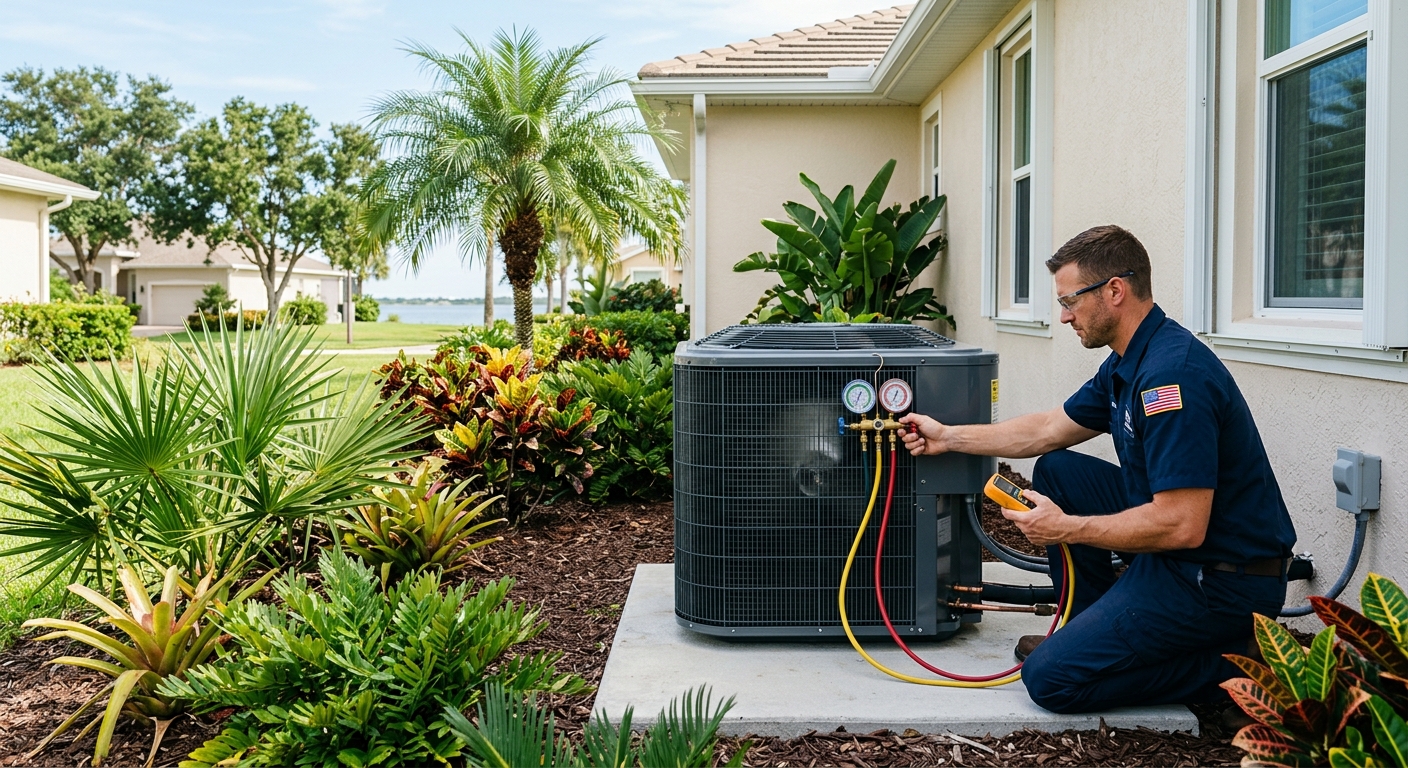 Technician evaluating a residential heat pump at a Brevard County home