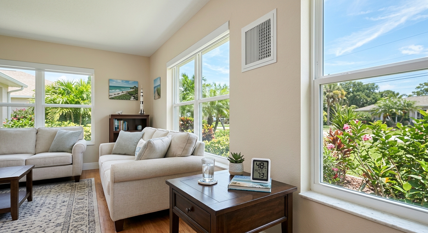Dry, well-ventilated Brevard County home with an indoor humidity meter