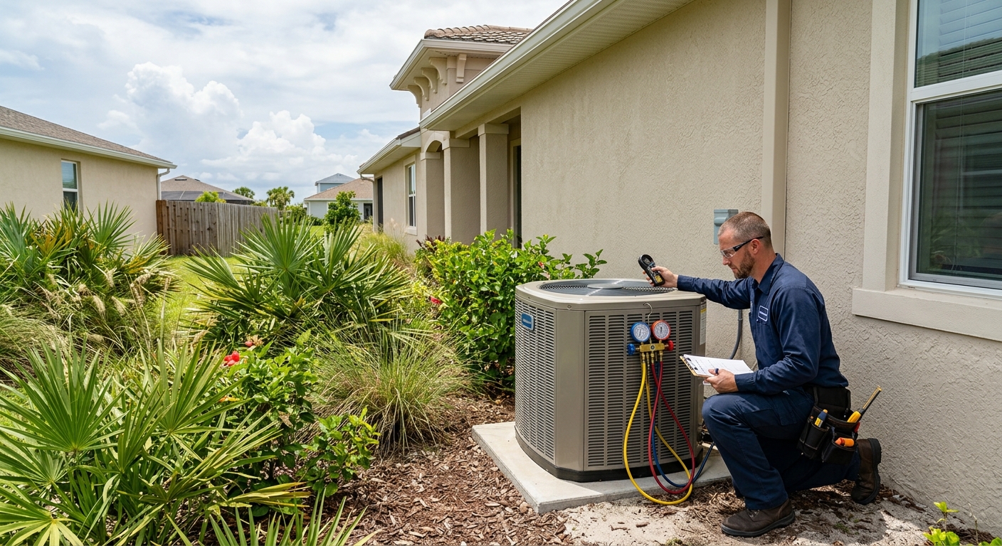 HVAC technician inspecting an outdoor AC unit at a Brevard County home