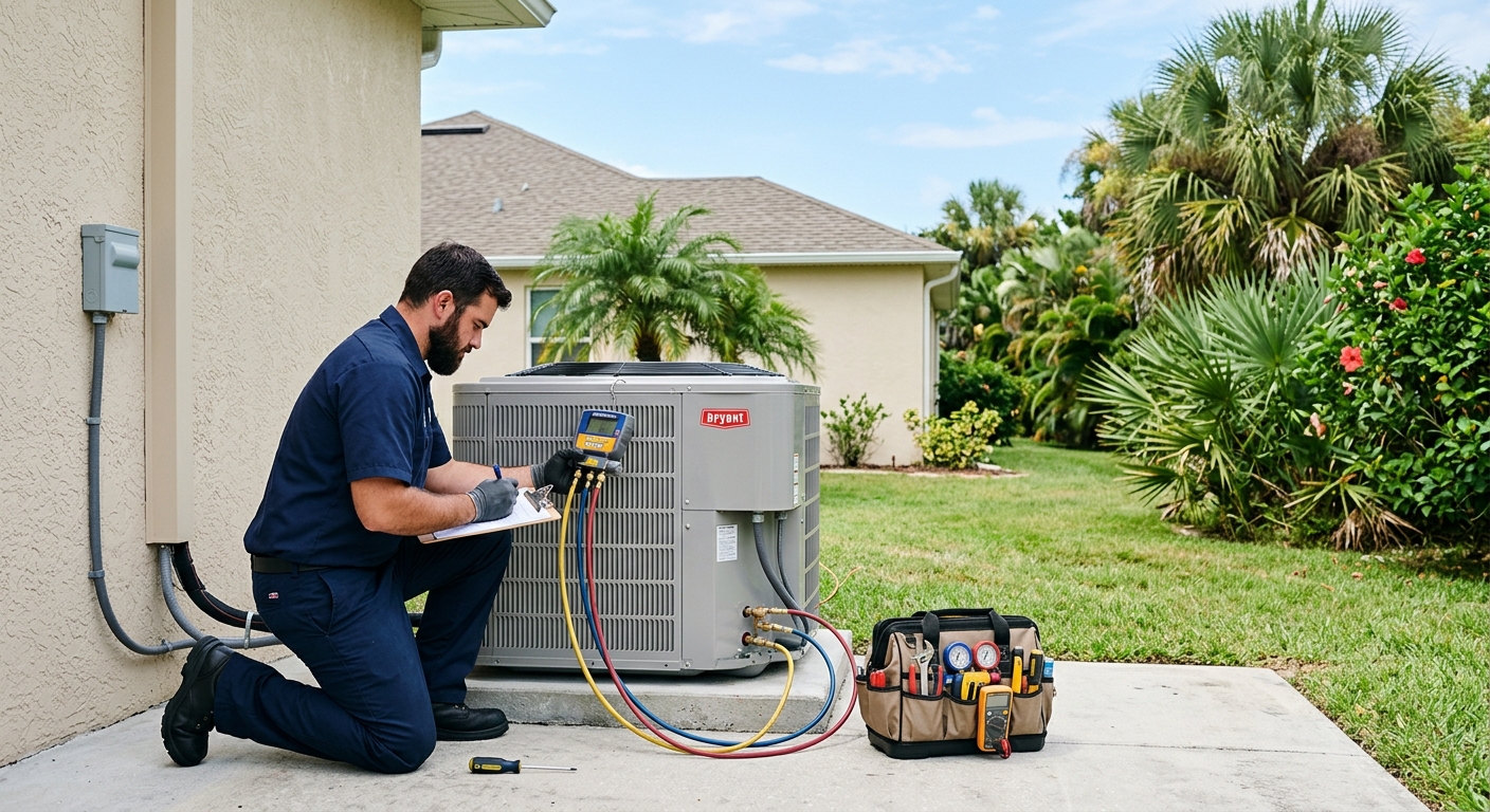 Technician performing heat pump maintenance at a Brevard County home
