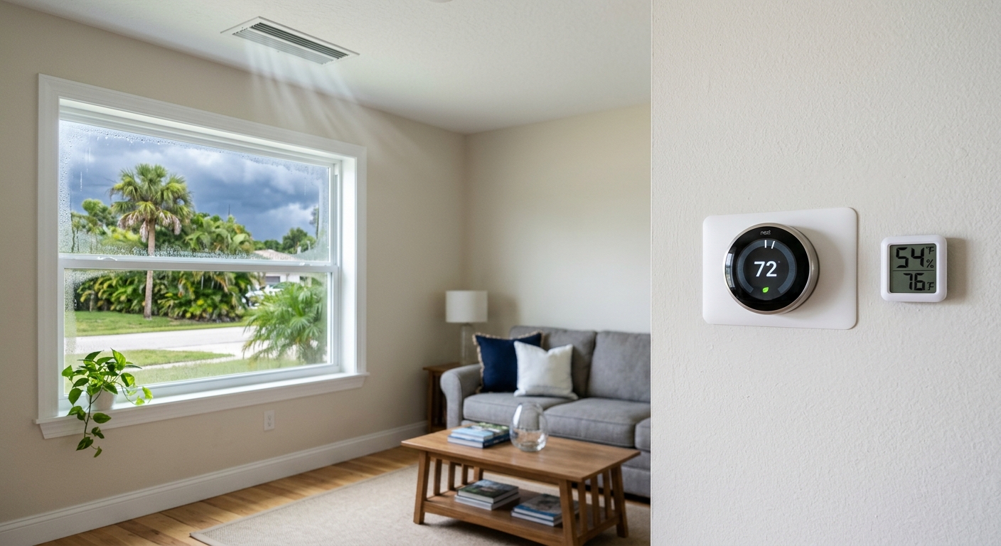 Thermostat and humidity monitor inside a Brevard County home during humid Florida weather