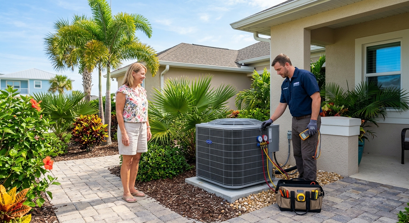 HVAC technician evaluating an outdoor air conditioner at a Brevard County, Florida home