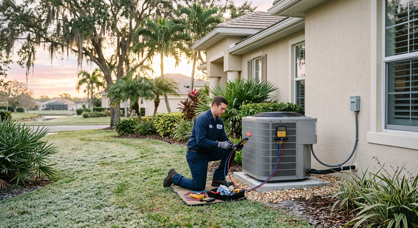 HVAC technician inspecting a residential heat pump during a cool Brevard County morning