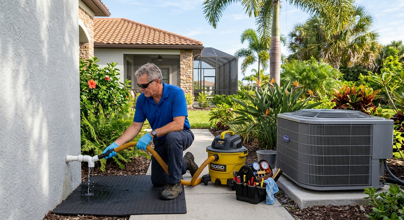 HVAC technician clearing a clogged AC drain line with a wet-dry vacuum at a Brevard County home
