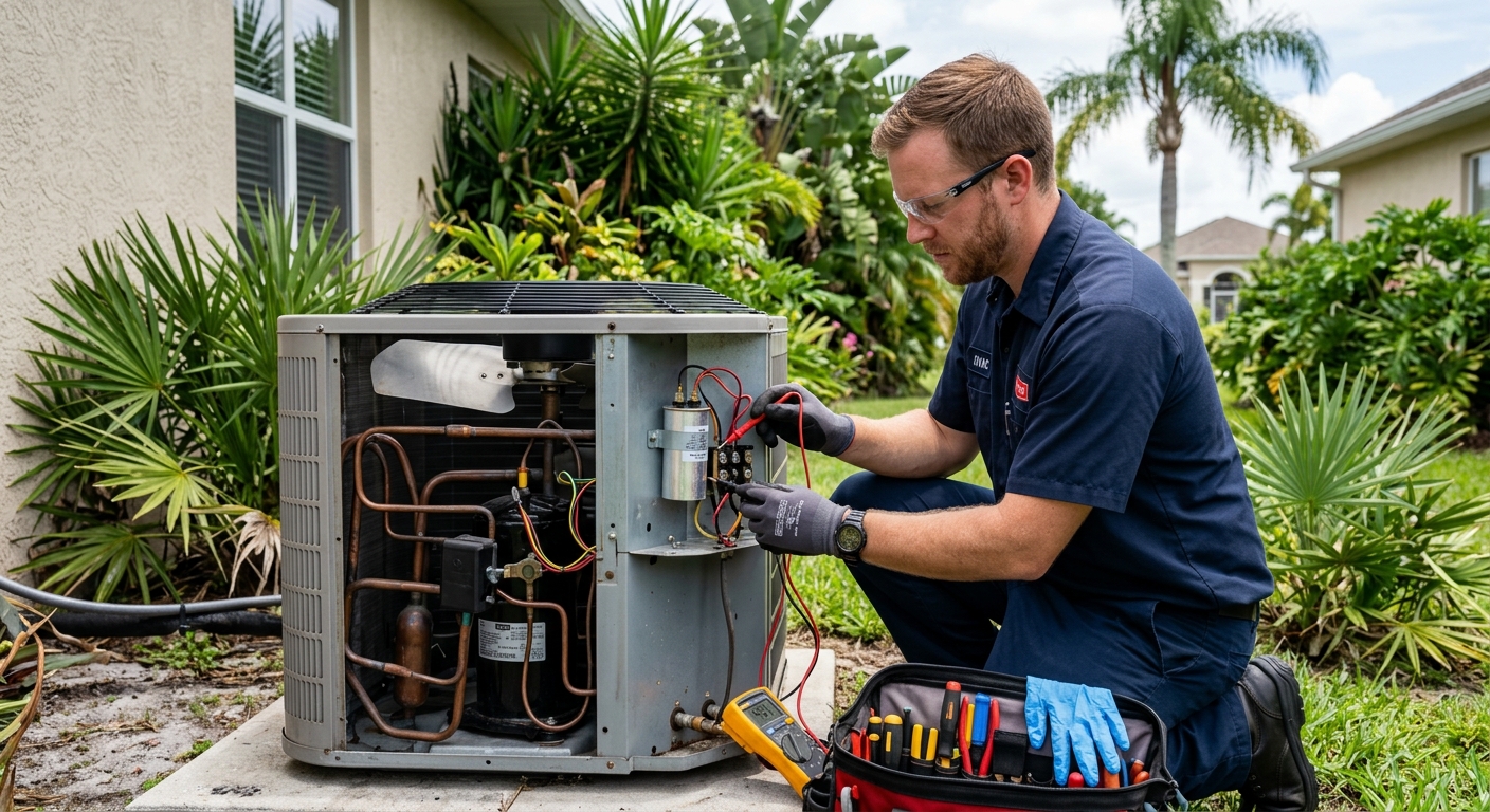 HVAC technician testing an outdoor AC capacitor in Brevard County, Florida