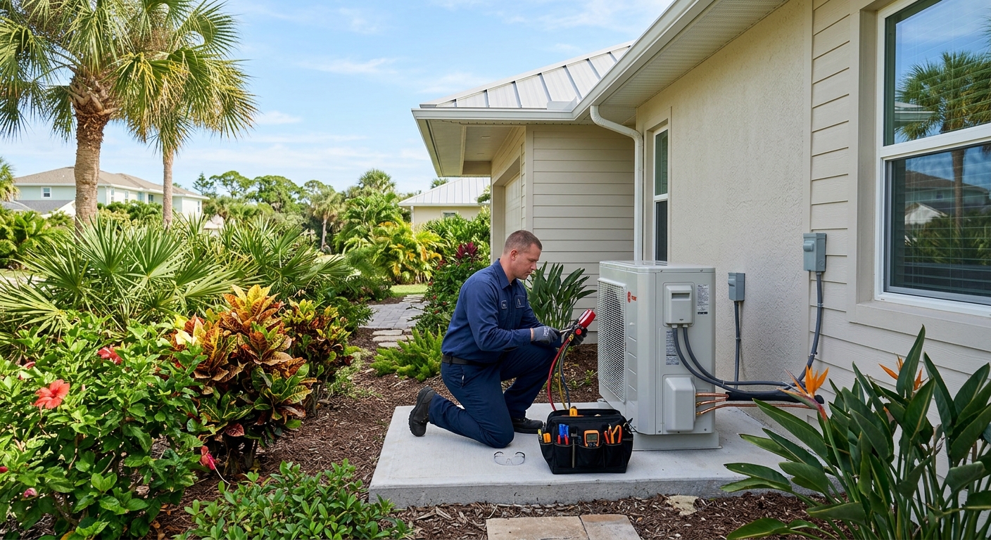 Technician inspecting a newly installed AC heat pump at a Brevard County home
