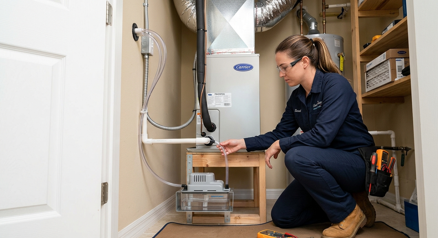 HVAC technician inspecting an AC condensate pump in a Brevard County home