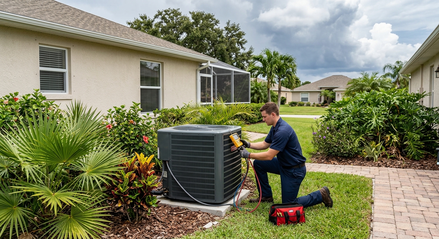 HVAC technician inspecting an outdoor AC unit at a Palm Bay, Florida home during summer