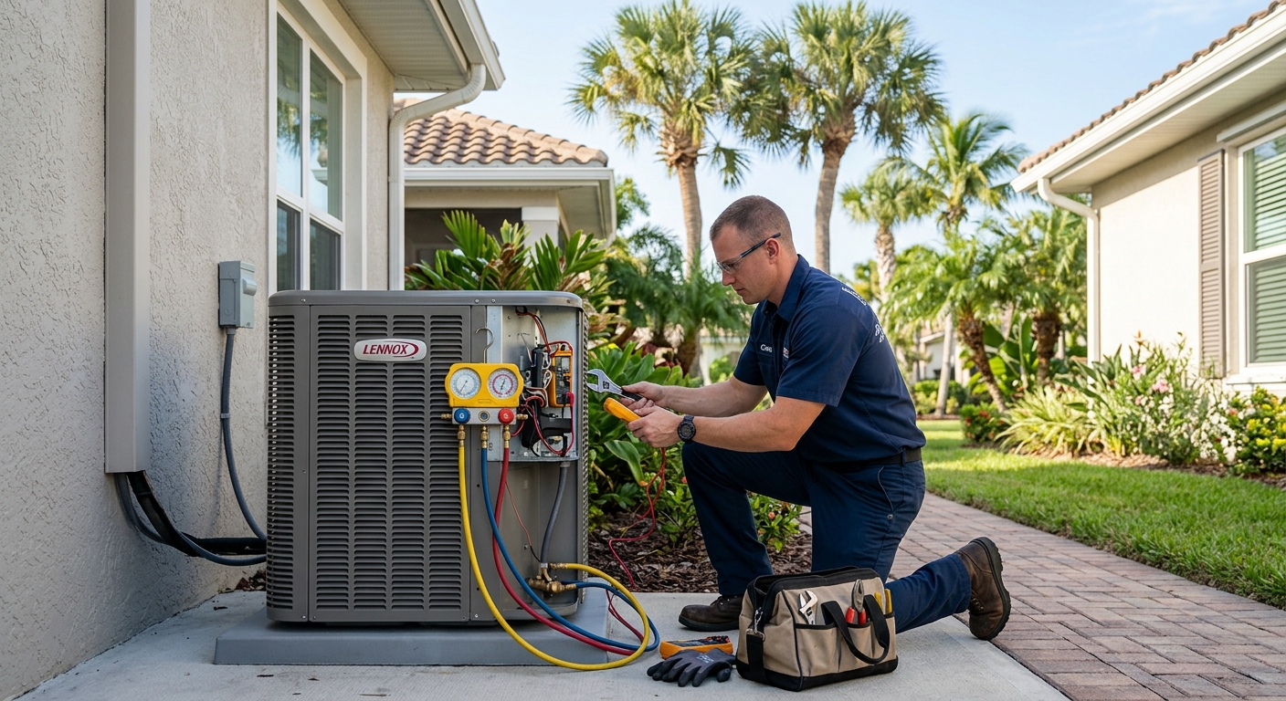 HVAC technician performing maintenance on an outdoor heat pump at a Brevard County home