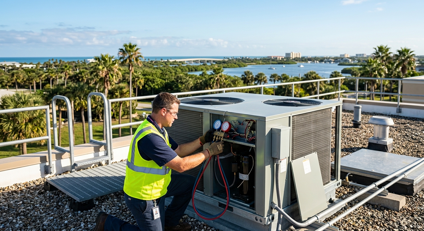 HVAC technician inspecting a commercial rooftop unit in Brevard County, Florida
