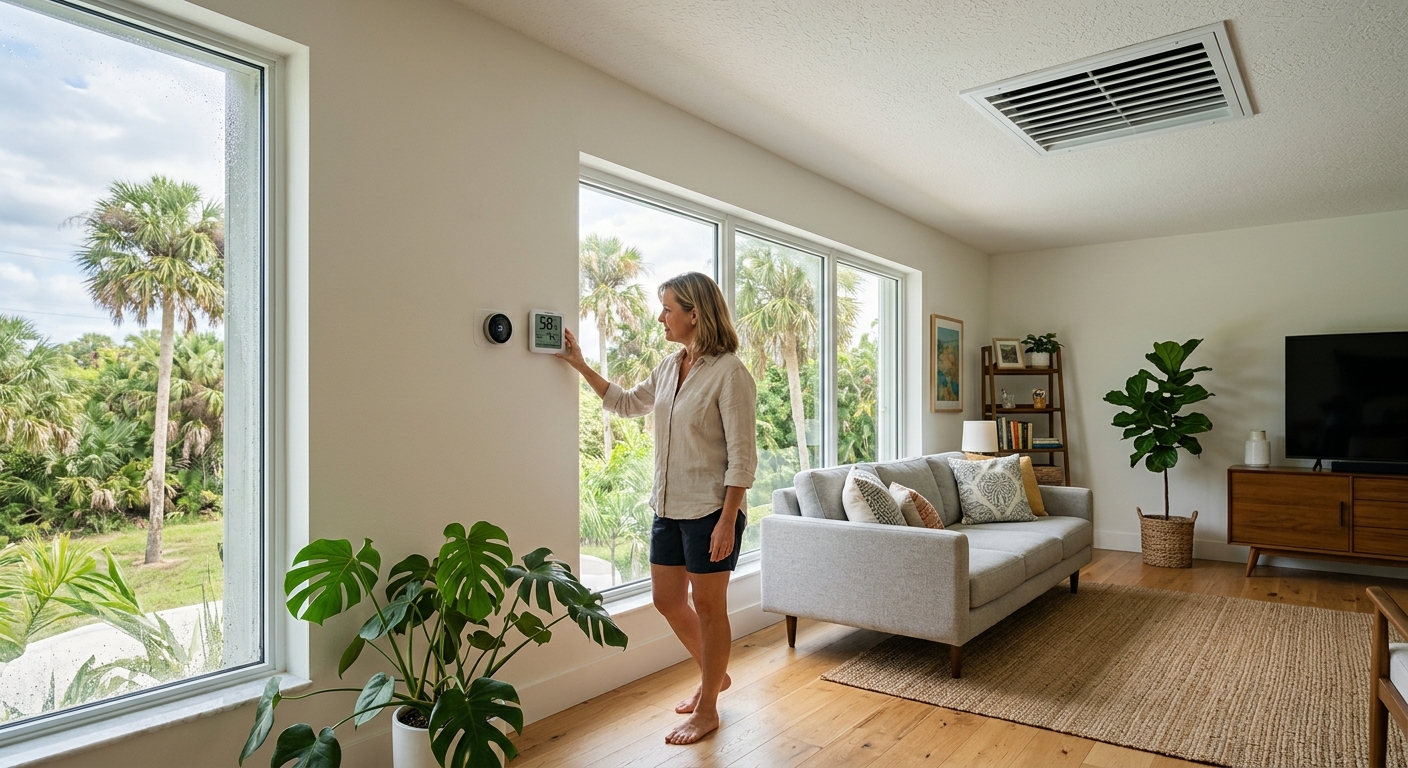 Homeowner monitoring humidity and air conditioning in a Brevard County home