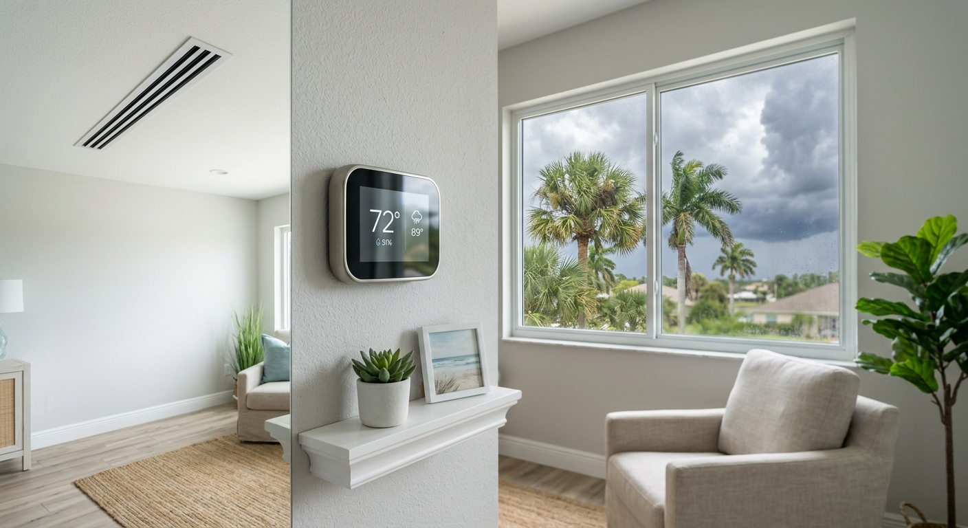 Florida home thermostat and air vent during humid Brevard County weather