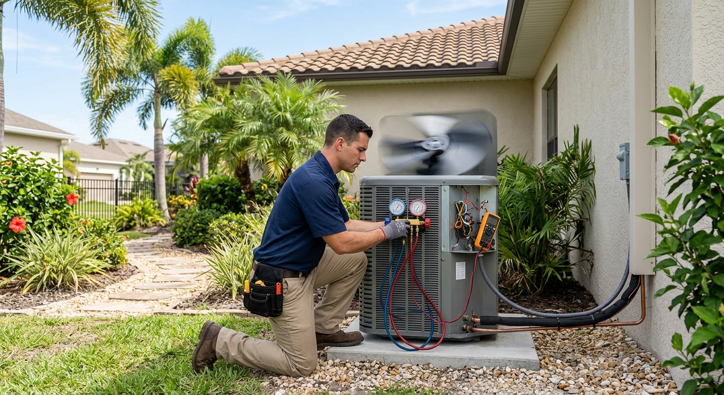 HVAC technician diagnosing an AC system that is not cooling in Brevard County Florida