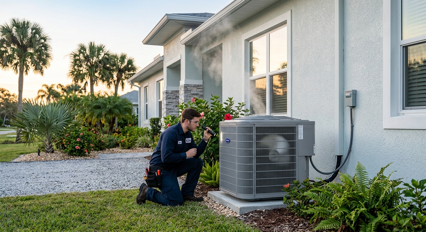 Residential heat pump operating outside a Brevard County home on a cool Florida winter morning