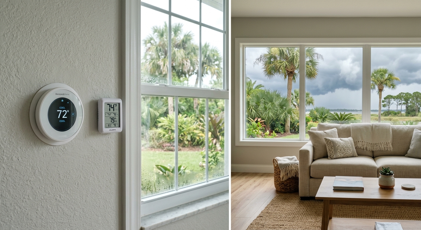 Brevard County home with the AC running while an indoor humidity monitor shows elevated moisture