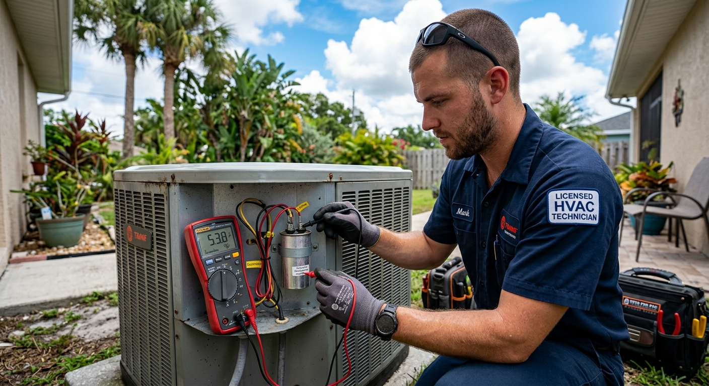 HVAC technician testing an outdoor AC compressor and capacitor in Brevard County, Florida
