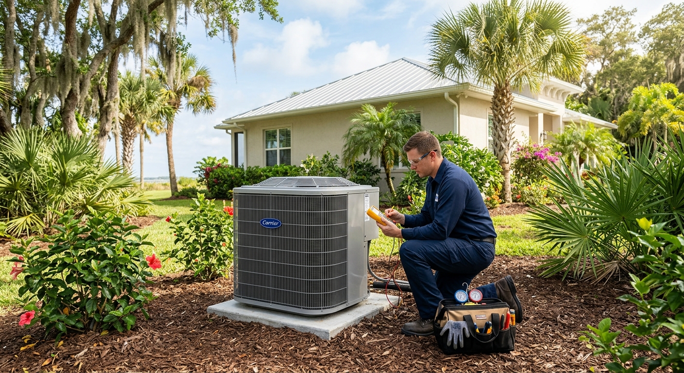 HVAC technician performing spring AC maintenance at a Brevard County home