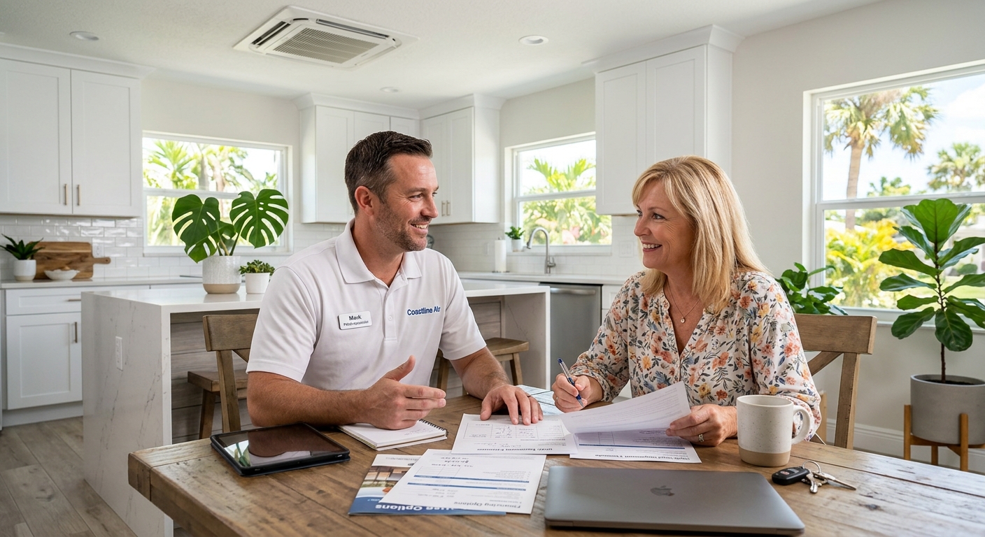 Brevard County homeowner reviewing HVAC financing options with a comfort specialist