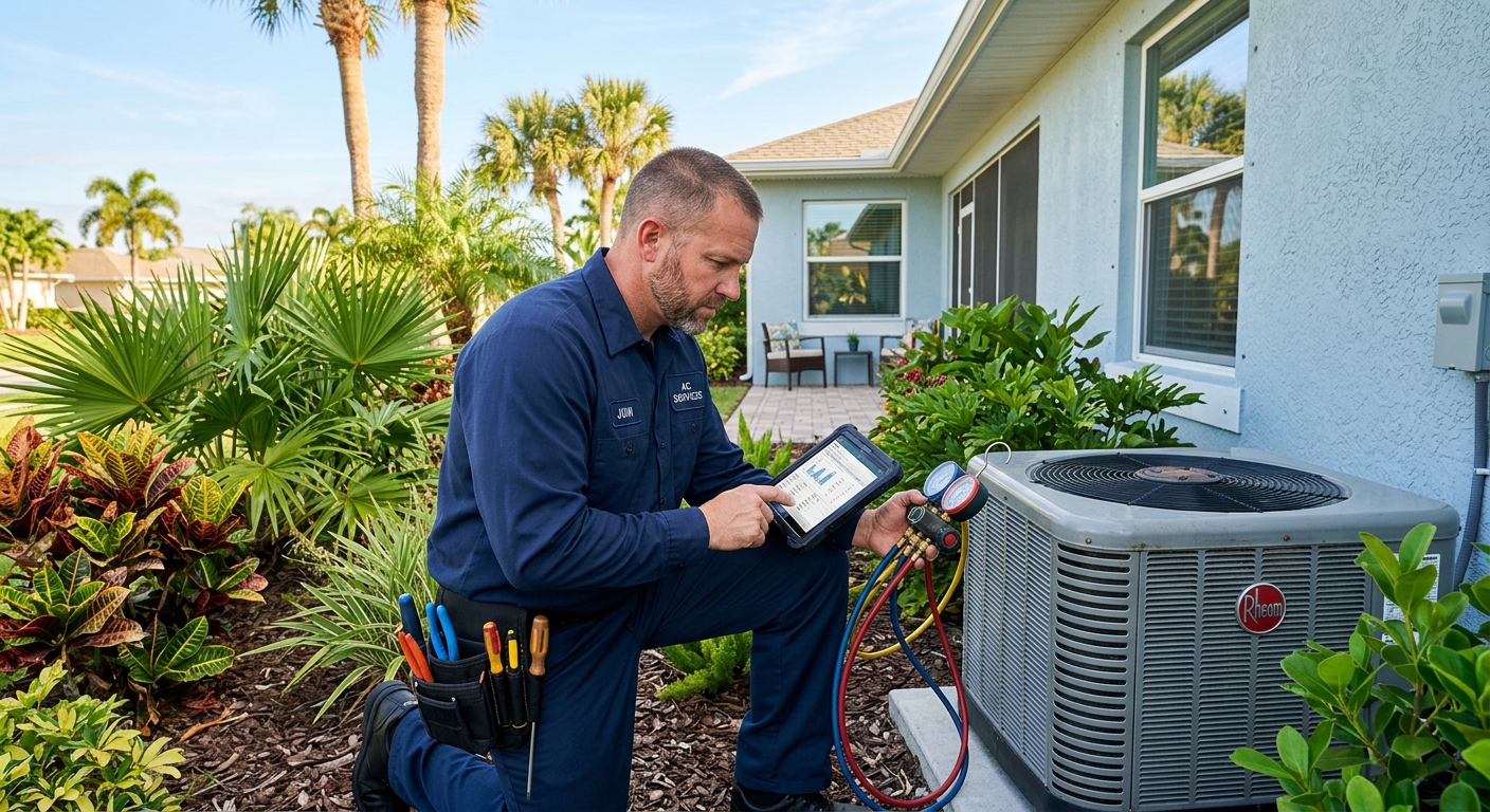 HVAC technician documenting condenser maintenance at a Brevard County home
