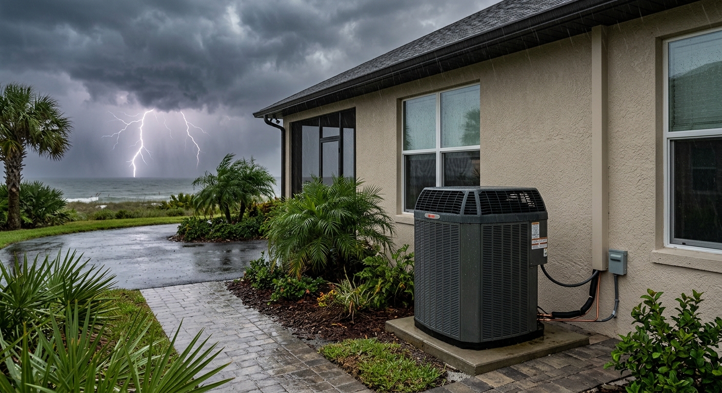 Outdoor air-conditioning unit at a Brevard County home during a Florida lightning storm