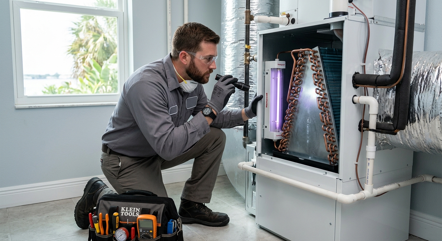 HVAC technician inspecting a UV air purifier near an evaporator coil in a Brevard County home
