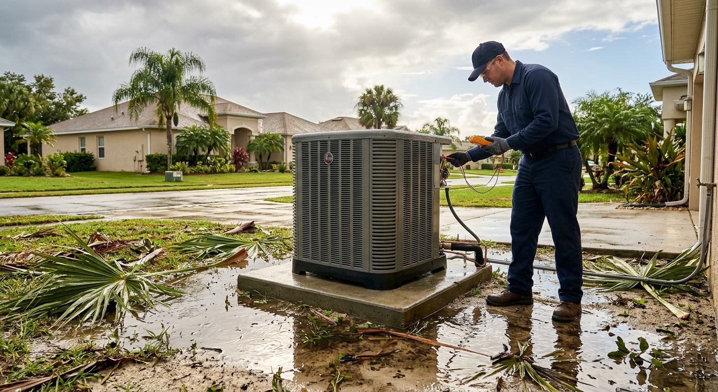HVAC technician inspecting a flooded outdoor AC unit after a storm in Brevard County