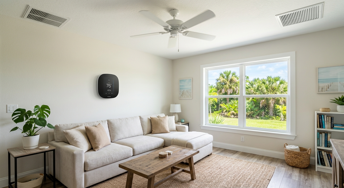 Comfortable Brevard County living room with a hygrometer monitoring indoor humidity