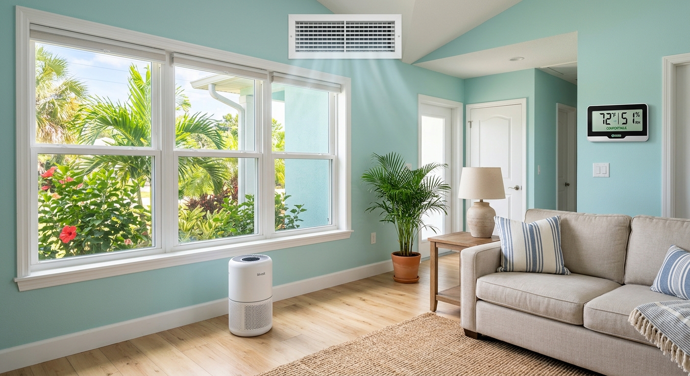 Clean Brevard County home interior with an air purifier and humidity monitor for improved indoor air quality