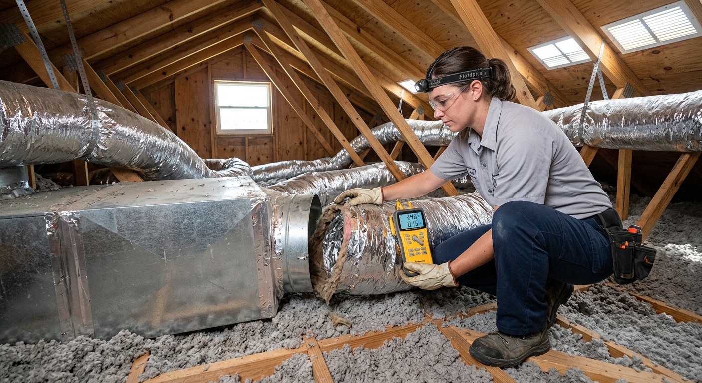 HVAC technician inspecting leaking and undersized ductwork in a Brevard County home attic