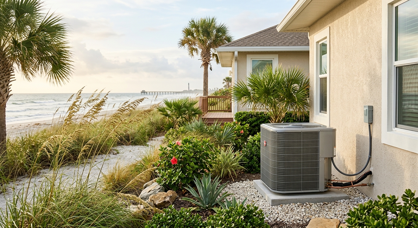 Outdoor AC condenser exposed to salt air beside a Cocoa Beach, Florida home