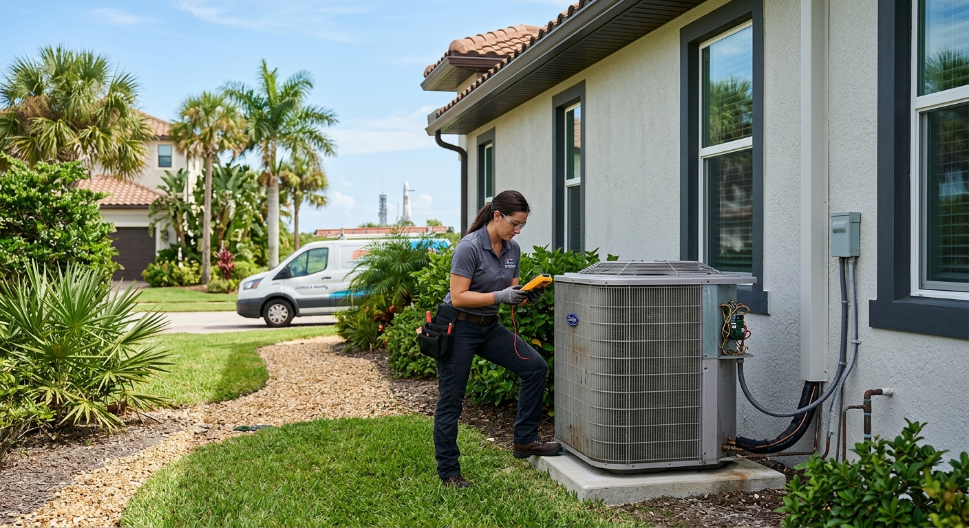 HVAC technician diagnosing an AC compressor at a Brevard County home