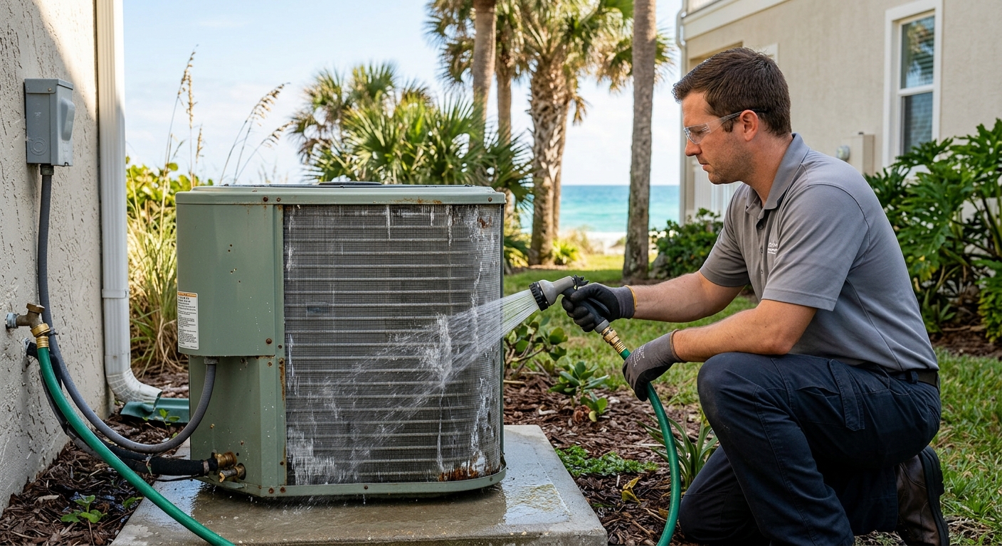 Technician gently rinsing salt residue from an outdoor AC condenser at a Brevard County coastal home