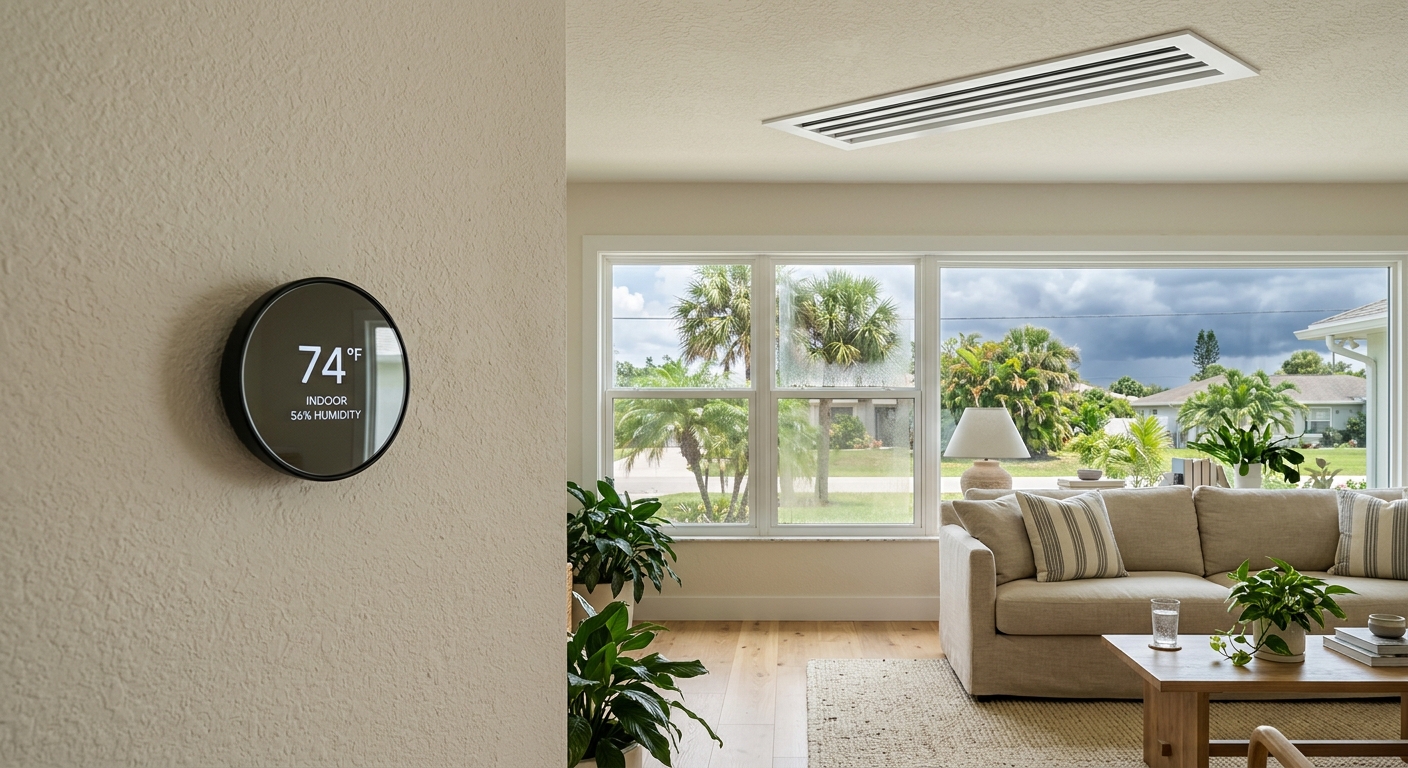 Thermostat monitoring humidity in a Brevard County home while the air conditioner runs