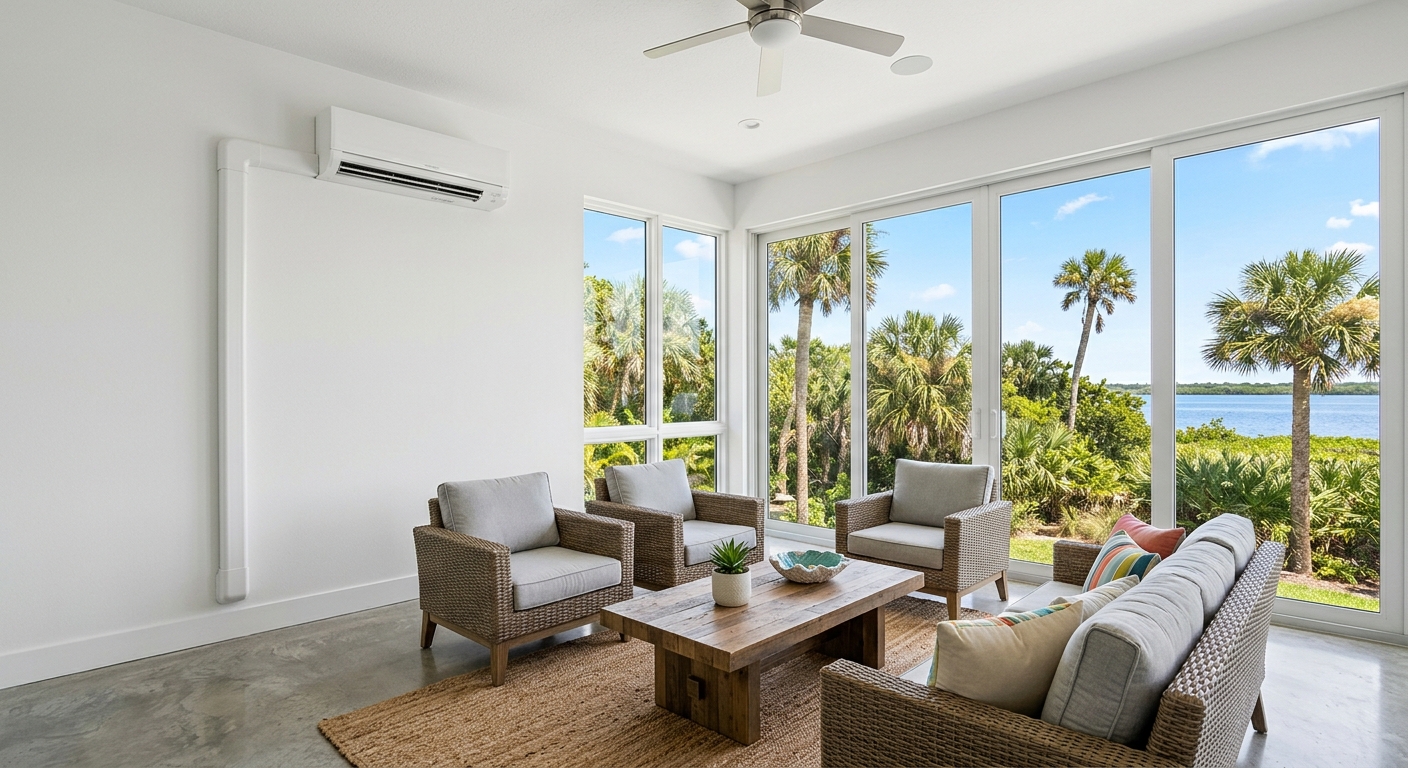Ductless mini-split installed in an enclosed Florida lanai in Brevard County