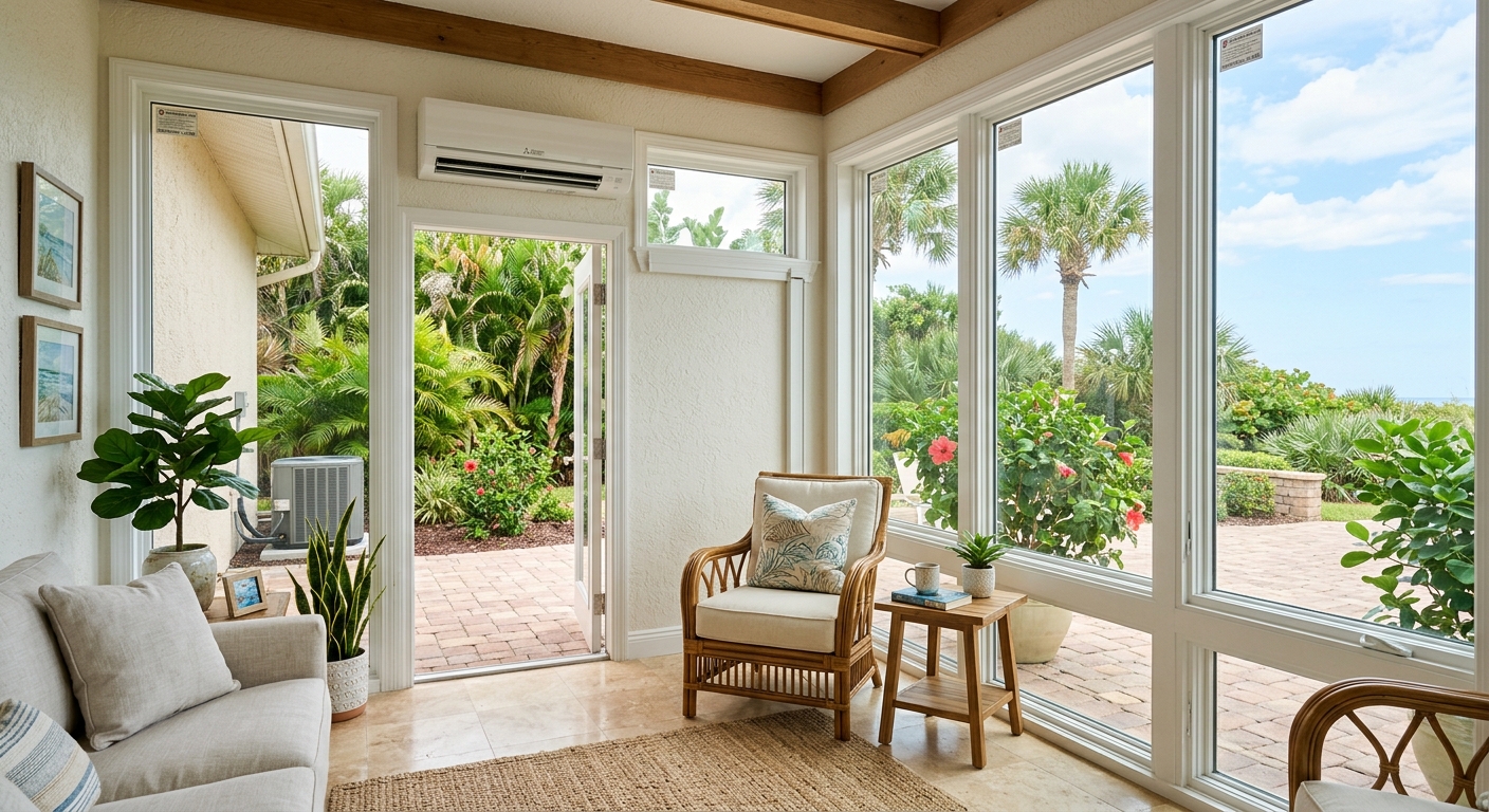 Ductless mini-split cooling a bright Florida sunroom in Brevard County