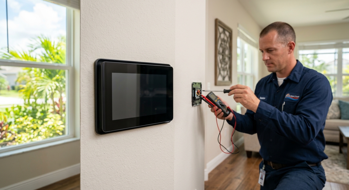 HVAC technician inspecting an AC thermostat with a blank screen in a Brevard County home