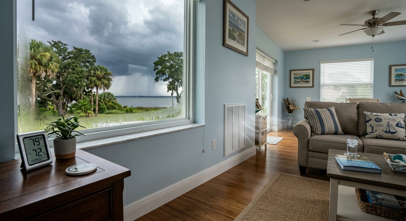 Humid Brevard County home interior with condensation and an indoor humidity meter