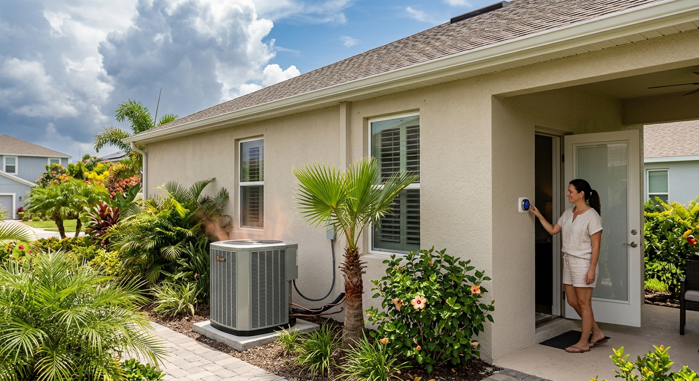 Outdoor AC unit running beside a Brevard County home on a hot Florida afternoon