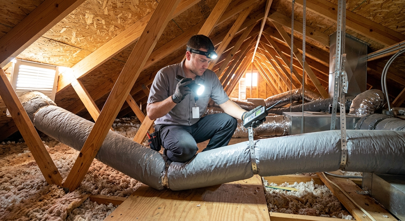 HVAC technician inspecting aging attic ductwork in an older Brevard County Florida home