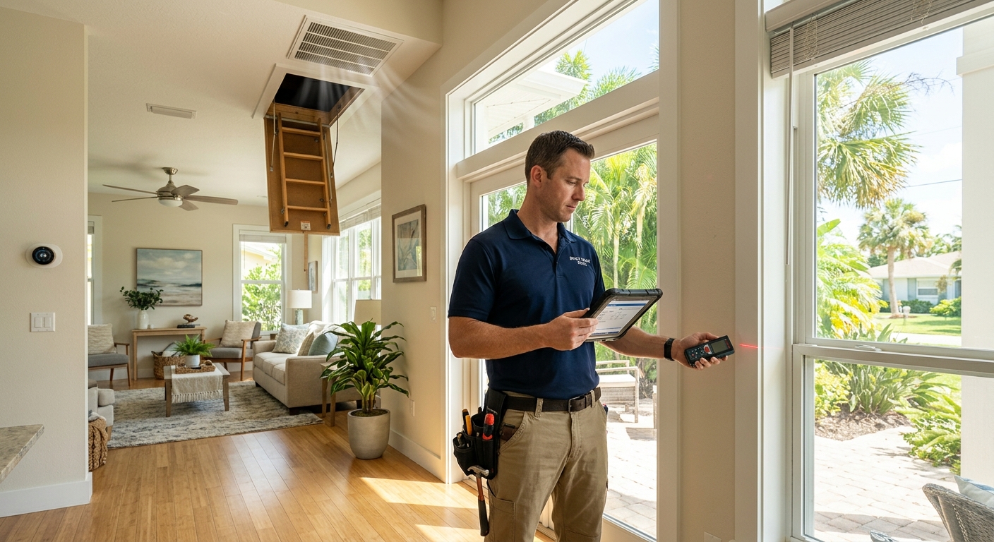 HVAC technician measuring a Brevard County home for a Manual J load calculation