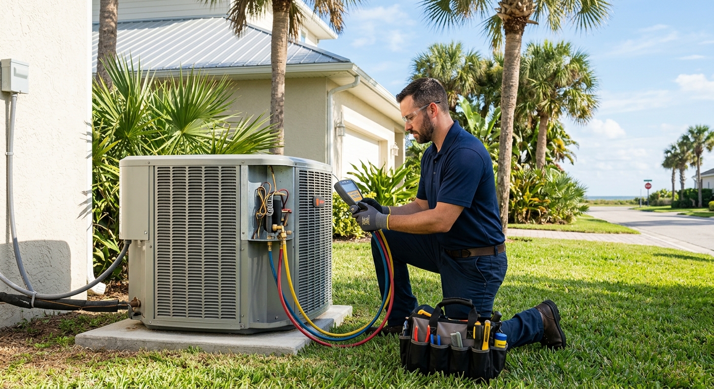 HVAC technician servicing an outdoor air conditioner at a Brevard County, Florida home