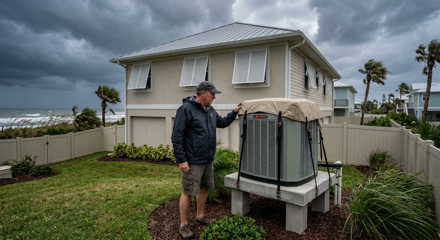 Outdoor AC condenser secured and cleared of debris before a Florida hurricane in Brevard County