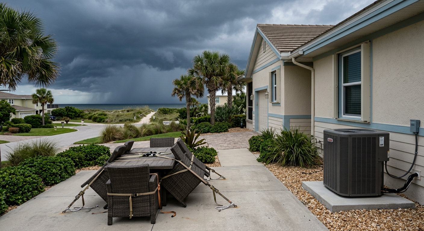 Uncovered outdoor AC condenser prepared for an approaching Florida storm in Brevard County