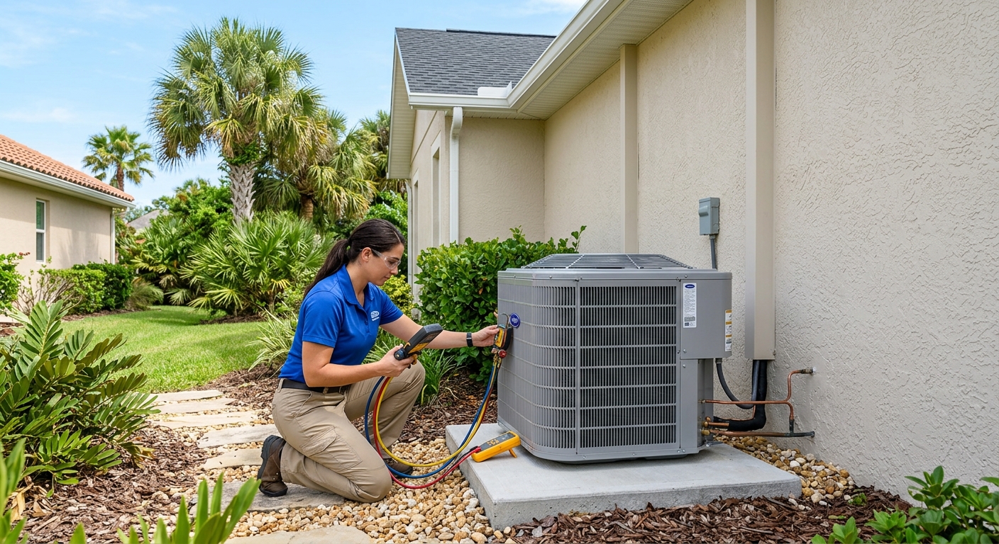 HVAC technician inspecting an outdoor AC unit at a Brevard County home