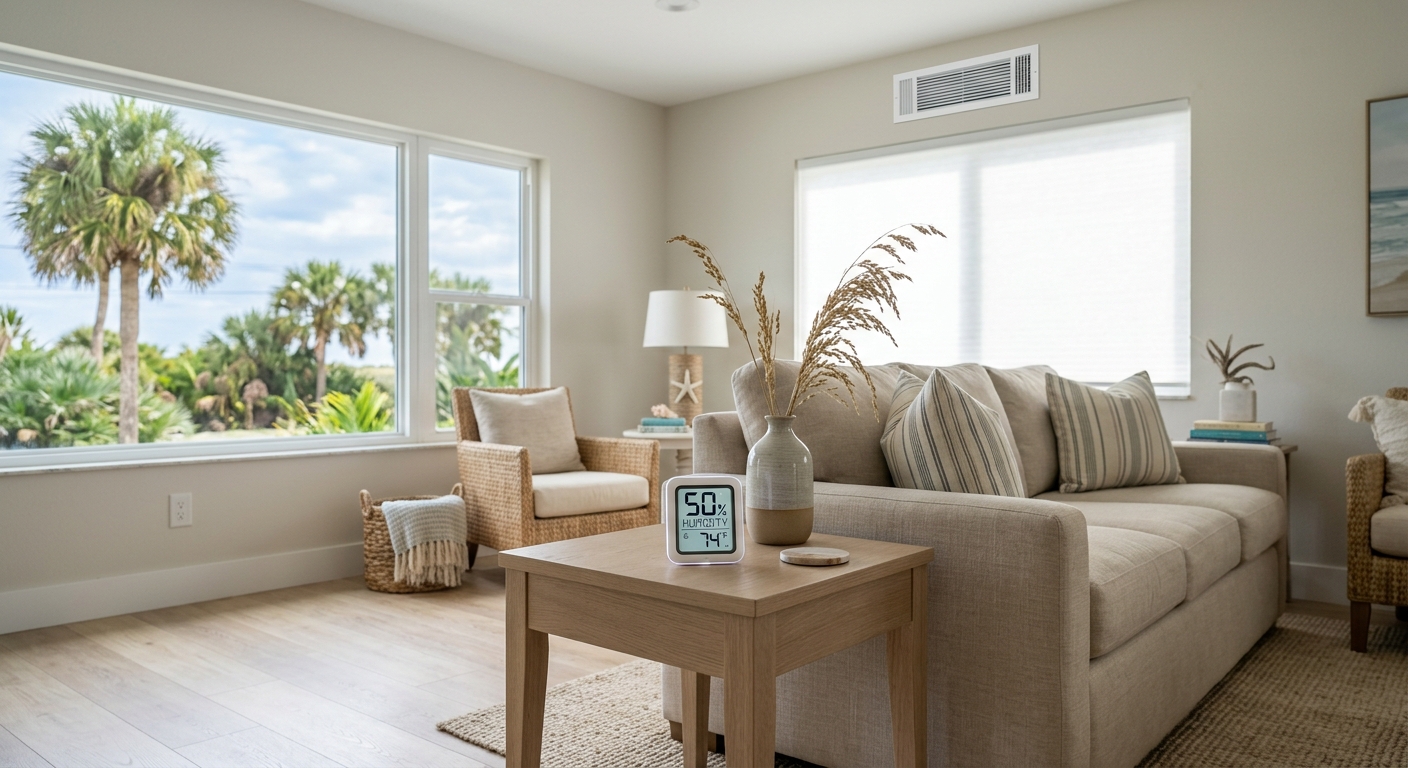Digital hygrometer showing comfortable indoor humidity in a Brevard County Florida home