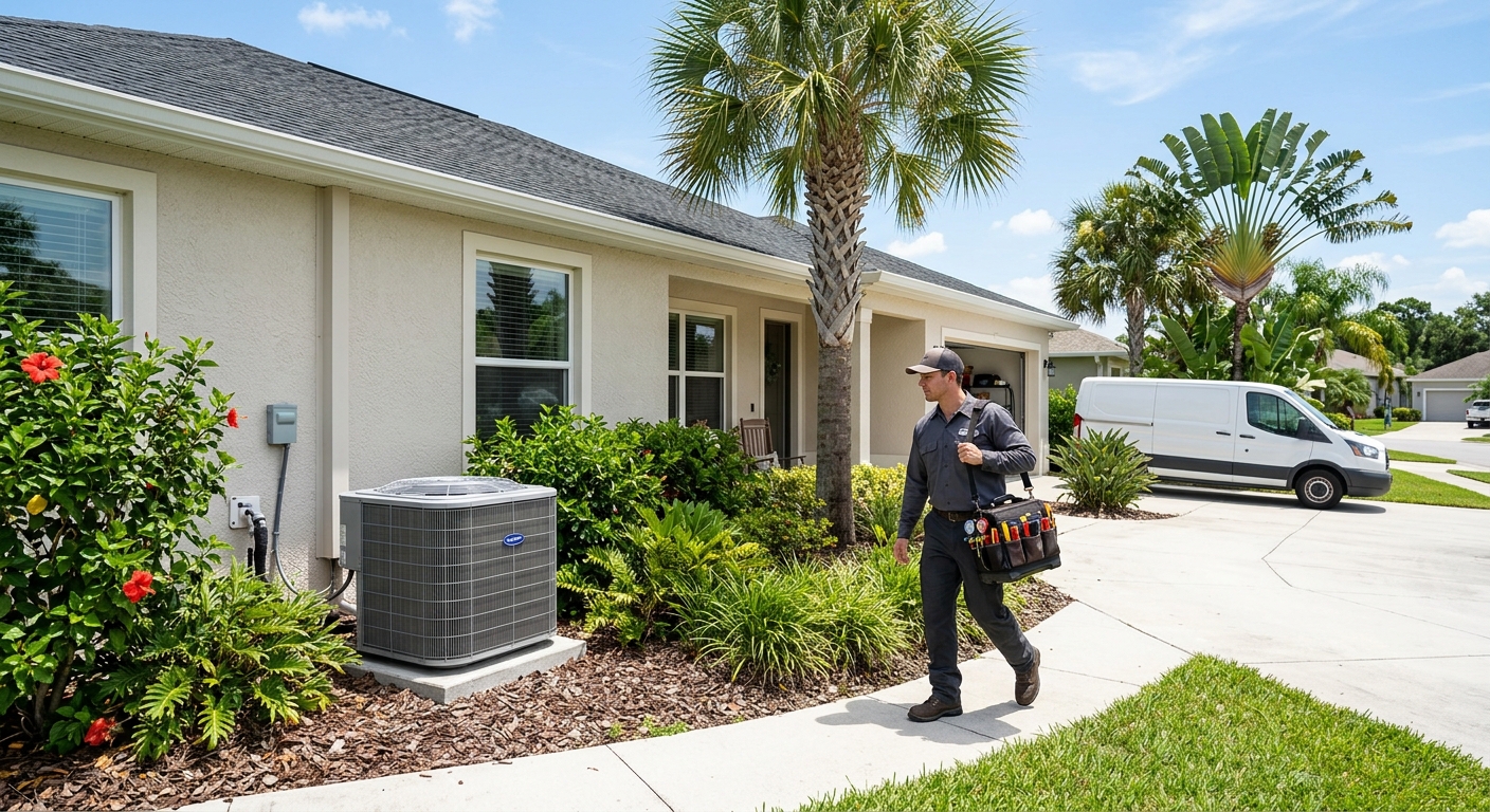HVAC technician providing emergency AC repair at a Cocoa Florida home