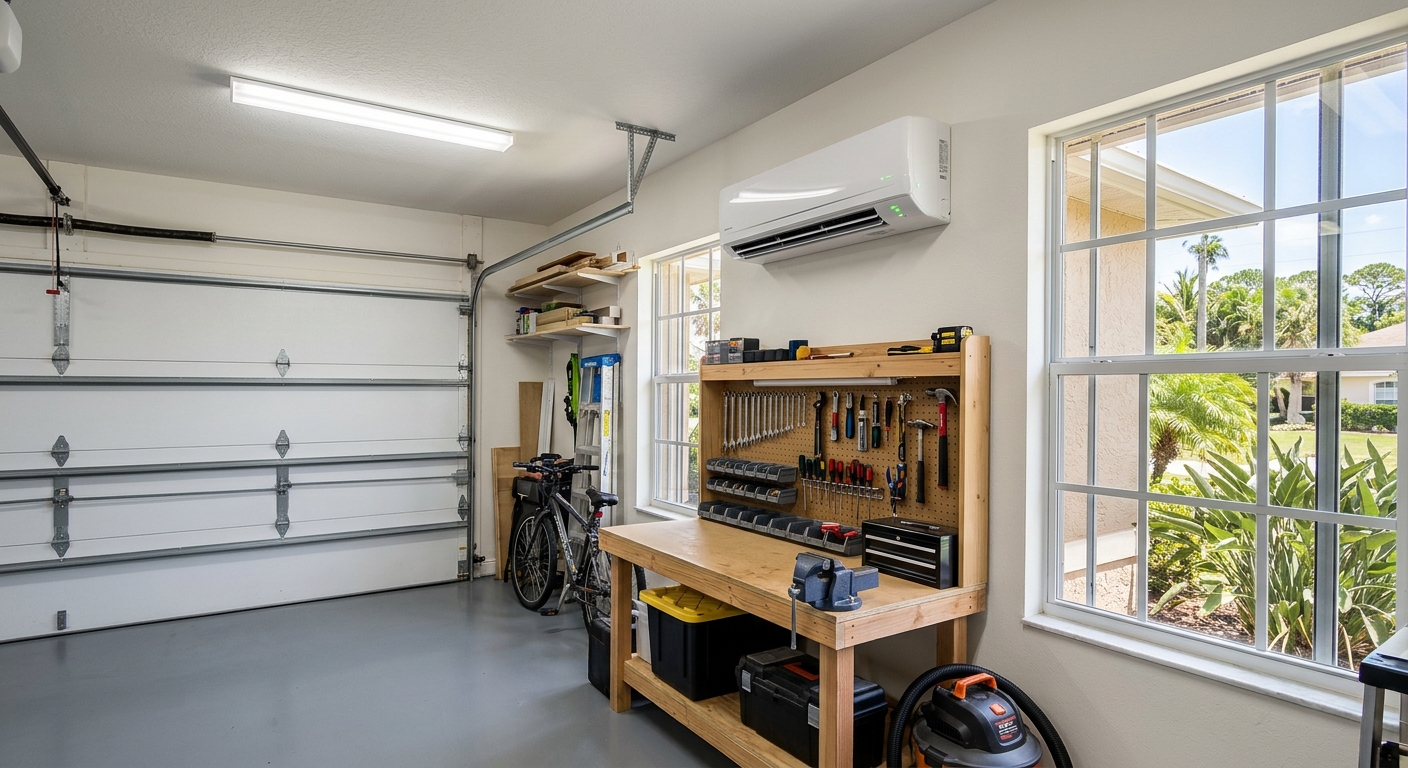 Wall-mounted mini-split cooling an insulated Florida garage workshop